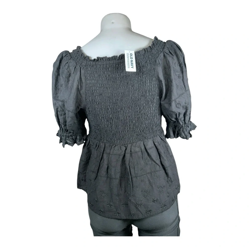 OLD NAVY Puff-Sleeve Smocked Embroidered Babydoll Blouse Elegant Women's SZ M